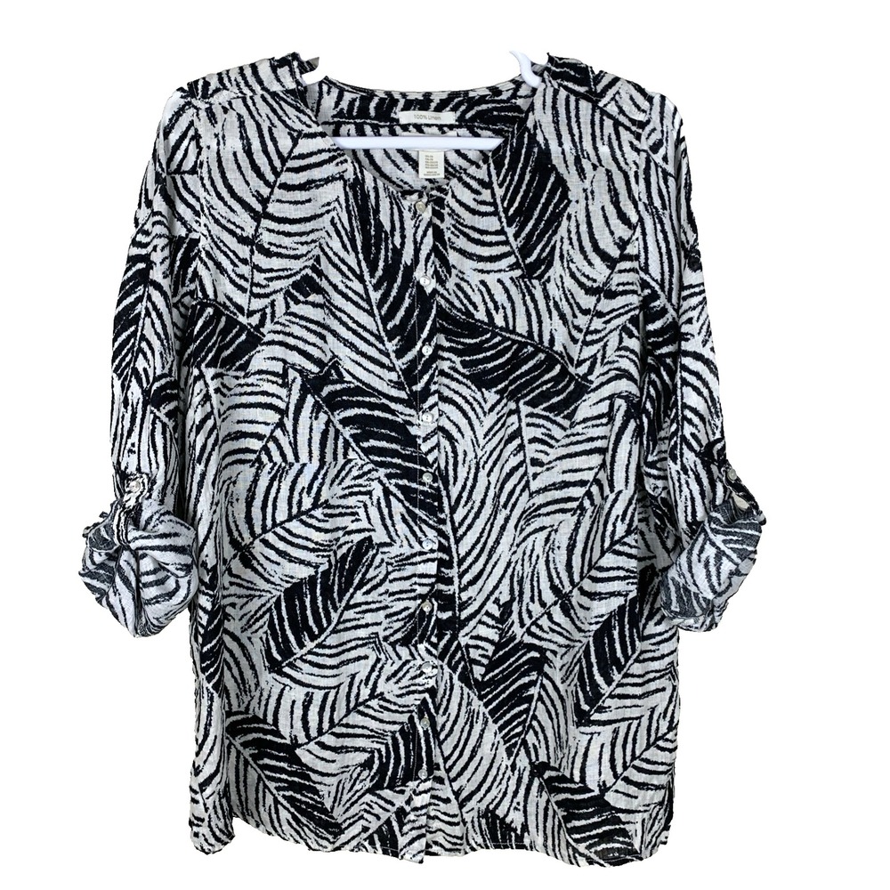 Cynthia Rowley Womens Linen Roll Tab Sleeve Button Up Tunic Top Tropical